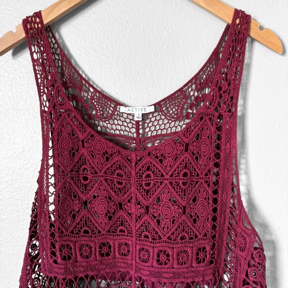 Active Crochet Fringe Burgundy Tank Top Womens Small Boho Festival Retro 70s - Picture 2 of 13